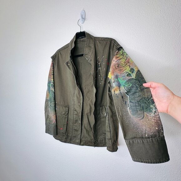 Zara Army Green Grafitti New York Jungle Oversize Zip Utility Jacket 100% Cotton - Picture 6 of 16